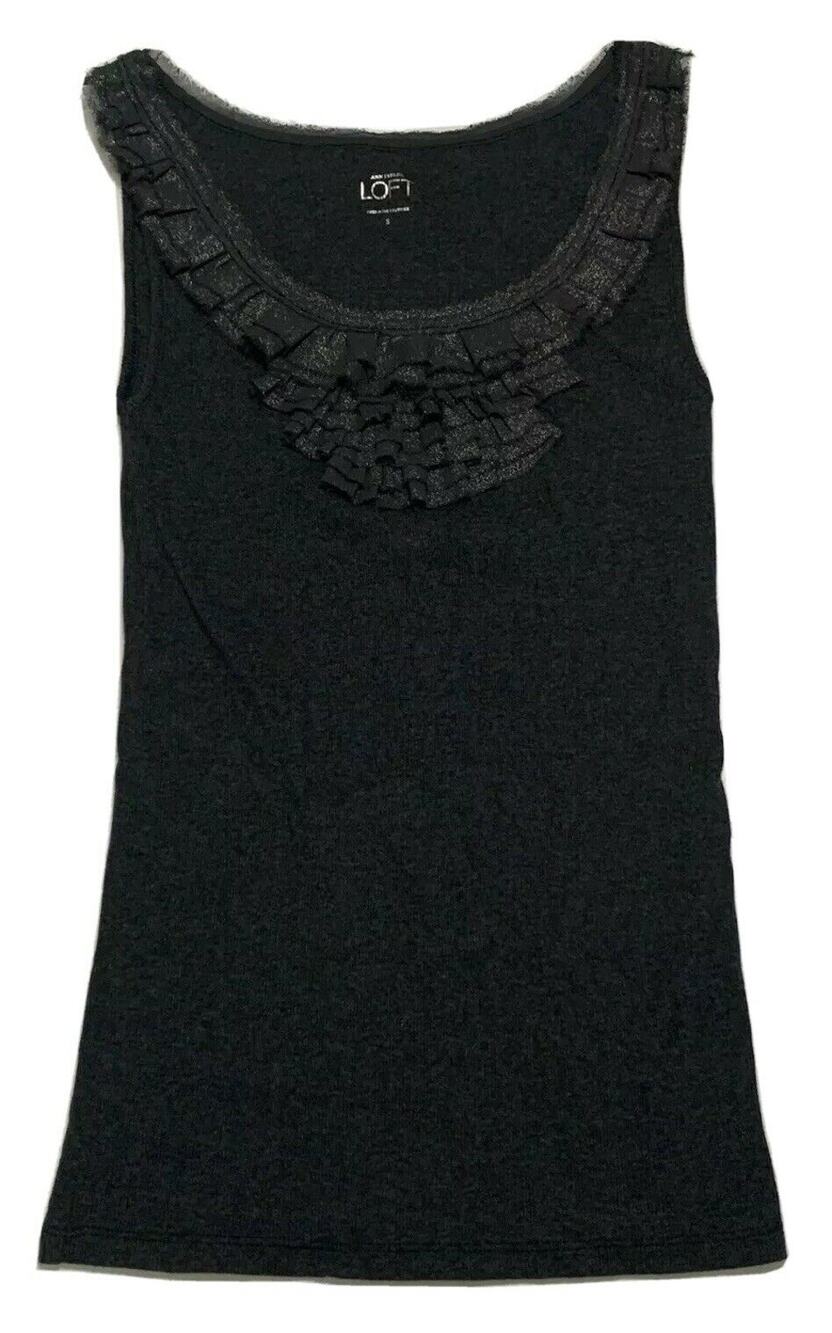 Ann Taylor Loft Sweater Tank Top Small Womens Black Ruffled Scoop Glitter